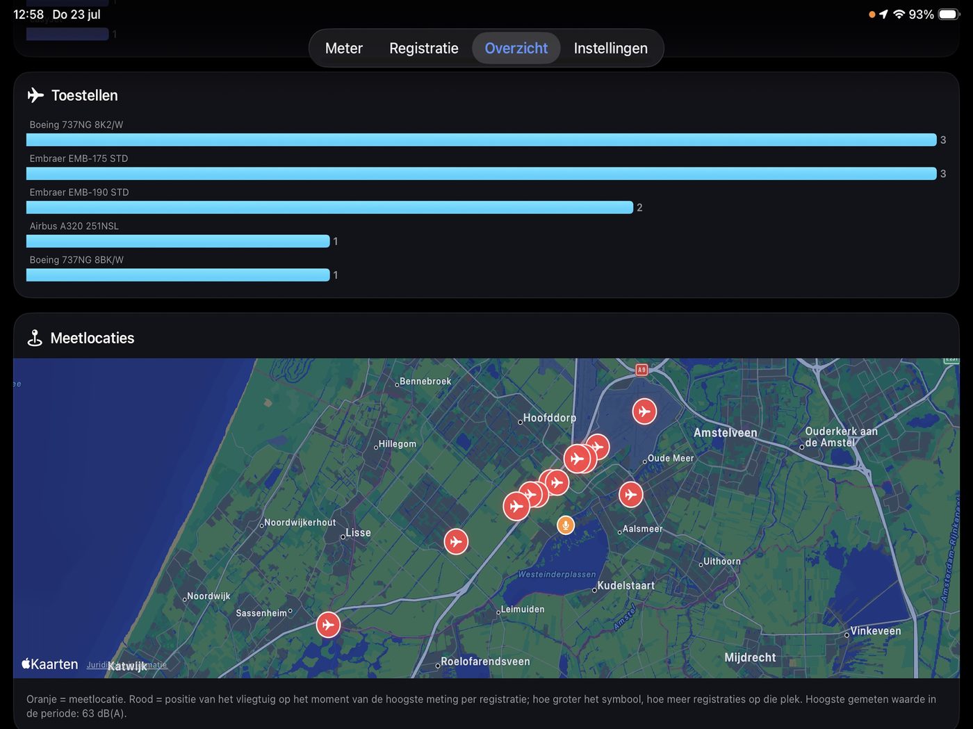 Overzicht op iPad met een staafdiagram van de meest voorkomende toestellen en een kaart van de omgeving Schiphol met meetlocaties en vliegtuigposities.